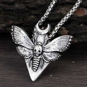 HALLOWEEN SALE Silver Vintage Death Moth Lunar Moon Pendant Necklace